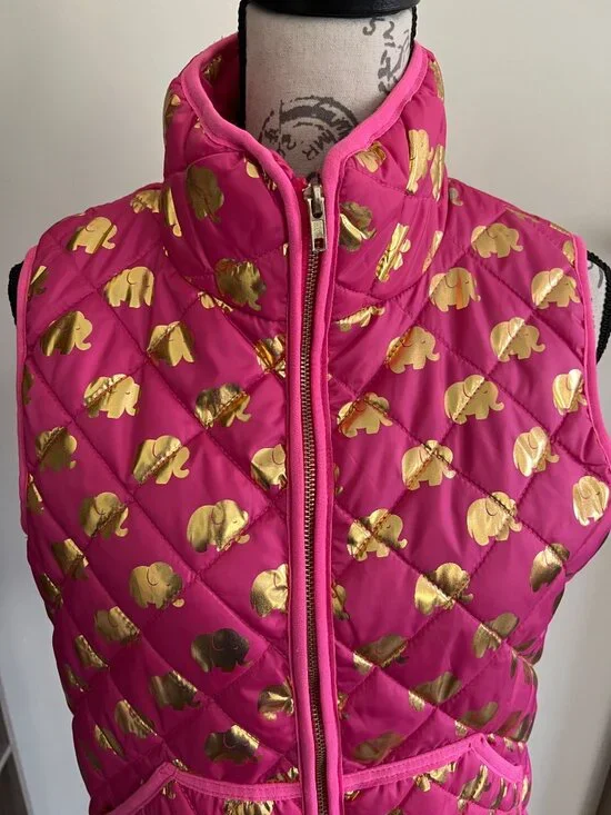 Simply Southern Puffer Vest Quilted Pink Gold Metallic Elephant Full Zip Medium - Picture 2 of 9